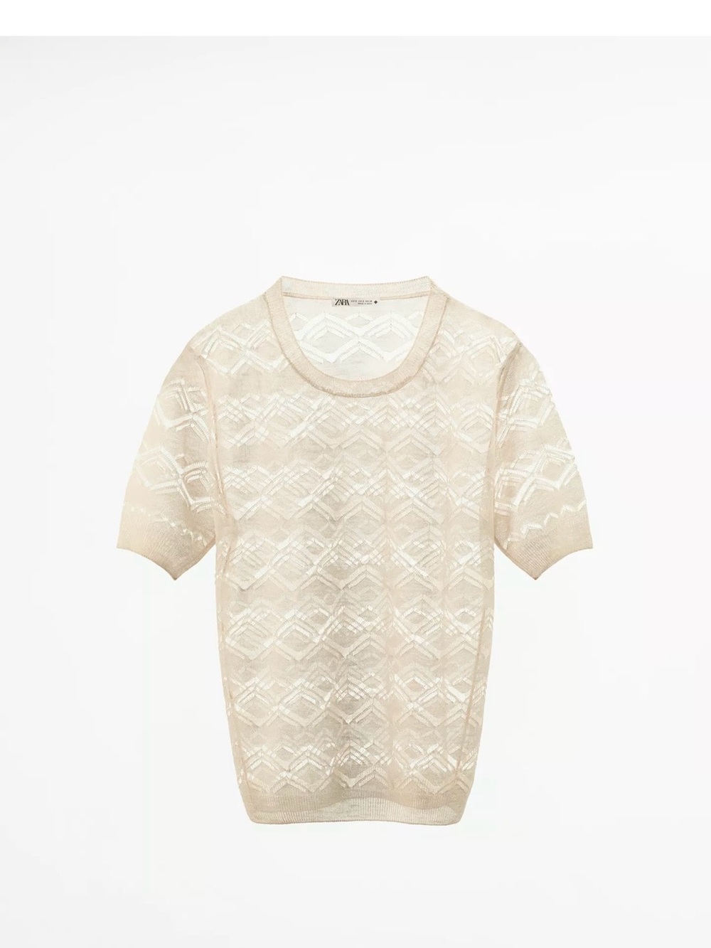Zara Beige Short Sleeve Openwork Knit Top